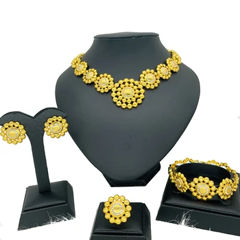 Dubai conjuntos de Jóias para as mulheres a ouro 24k Cor do colar brinco pulseira anel Habesha presente nupcial casamento Africano collares jóias