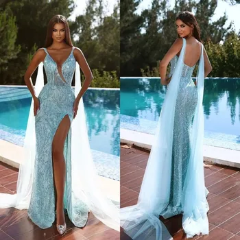 Azul Sereia 2023 Prom Dress Sexy Decote Em V Frisado Do Lado De Alta Dividir Menina Negra Africana Formal Vestidos De Noite Com A Festa De Encerramento Do Desgaste