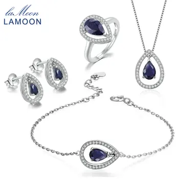 LAMOON X5mm Lágrima 100% Real Safira Azul 925-prata-jóias da Coroa Conjunto de Jóias de S925 Para as Mulheres V040-1