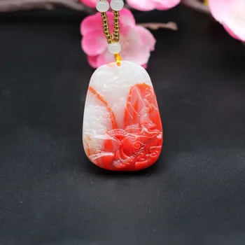 Natural Vermelho de Jade Branca Paisagem Pingente de Colar Chinês Esculpida à Mão Charme Jóias de Moda, Amuleto para Homens Mulheres Presentes