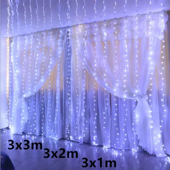 Cortina de LED Seqüência de Luzes Decoração de Natal 3x3m Controle Remoto de Férias Casamento de Fadas Garland Luzes para o Quarto ao ar livre Casa