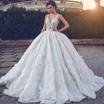 Luxo Árabe Frisados De Cristal Vestido De Noiva 2019 Sexy V-Pescoço Cut-Out Apliques De Flores De Casamento Vestidos De Noiva Robe De Mariee