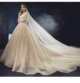 Champanhe Vestido De Casamento De Luxo Glitter Lantejoula Appliqued Lace Up De Volta Uma Linha De Vestido De Noiva Robe De Mariée Feito Brilhante Vestido