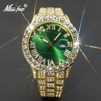 MISSFOX Gelo Homens Relógios de Marca Top de Luxo, Diamante, Ouro, Quartzo relógio de Pulso de Moda Hip Hop Luminoso Verde Impermeável Relógio 2022