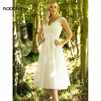 RODDRSYA V-Neck Lace Vestidos de Noiva Curtos Simples e Elegante, sem Mangas, sem encosto de Chá de Comprimento Vestidos de Noiva Para mulheres Robe De Mariee