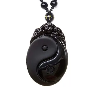 O Navio da gota de Obsidiana Preta Esculpida Yin e Yang Bagua colar de Pingente de Colar da Jóia