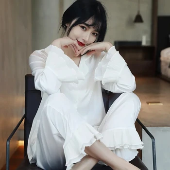 Novo White de Cetim de Seda Conjunto de Pijama de manga comprida, Duas peças de roupa de dormir Terno Loungewear Botão para Baixo Fora de Casa, o Desgaste