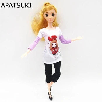1Set Roupas Para a Boneca Barbie Pintadas de Branco e Roxo Patchwork T-Shirt Preto & Calças Curtas Roupas Para a Boneca Barbie Acessórios Brinquedos