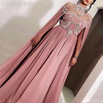2019 A-linha-de-Rosa Muçulmano Vestidos de Noite Ilusão de Pescoço Alto de Cristal Chiffon Islâmica Dubai Kaftan Arábia árabe Longo Vestido de Noite