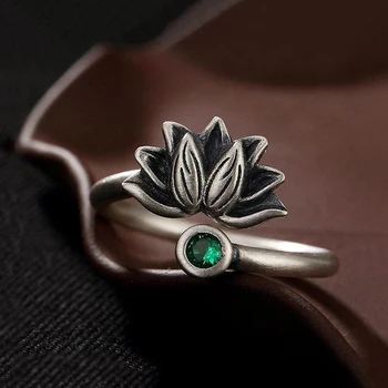 Três-dimensional habilidade com diamantes verdes retro lotus anel ajustável Chinês tribunal boêmio charme da jóia das senhoras