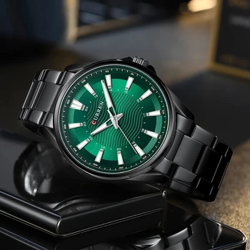 CURREN Casual Preto Verde Relógios de Quartzo para o Homem de Aço Inoxidável Banda de Moda de Pulso, com as Mãos Luminosas de Negócios, Relógio