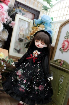 BJD boneca de vestido para 1/31/41/6MSD e Blythes Moda retro escuro vestido com vestido floral + preto acessórios de cabelo de duas peças de conjunto