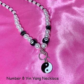 Goth Estilo Pearl Número 8 Yin Yang Colar para Mulheres Y2K Jóias Vintage da Moda Punk INS Colar da década de 2000 Estética Egirl Presentes