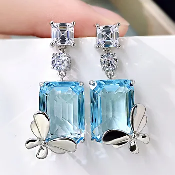 2023 novo S925 borboleta de prata, brincos de mulheres mar azul tesouro zircão moda brincos brincos versáteis