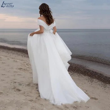 Simples Praia Fenda Do Vestido De Casamento Fora Do Ombro Plissado Sem Encosto Vestidos De Noiva Branco De Organza Trem Da Varredura Robe De Mariée 2022