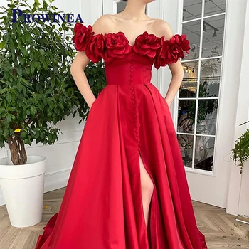 PROWINEA Simples Floral Vermelha Equipado Fora Do Ombro Vestido de Noite Para Mulheres Botão Equipado Fenda Festa Formal Vestidos de Vestido Plus Size