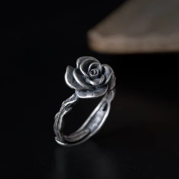 Novo S925 prata abrir o anel de Retro Clássico Flor de Abertura Ajustável Anel Feminino Prata Tailandesa Tradicional Camélia