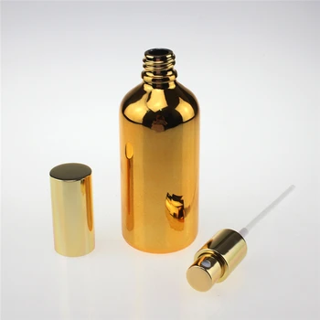 transporte para o Qatar 200PCS névoa fina de ouro 100ml de vidro frasco de spray, 100 ml de ouro, cor de vidro frasco de spray para óleos essenciais