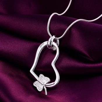 100% cor de Prata Colar Para Mulheres de Coração Pingente de borboleta 18 cm de presentes de Natal de alta qualidade a festa de casamento de Jóias