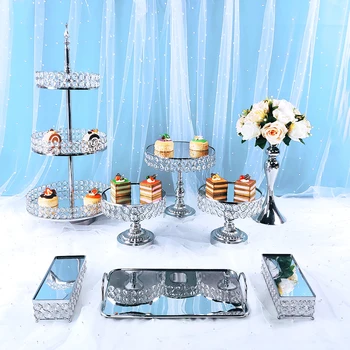 8pcs de Metal Prateado de Bolo de Stand Rodada de Casamento Festa de Aniversário de Sobremesa de Cupcake Pedestal de Exibição da Placa de Decoração de Casa