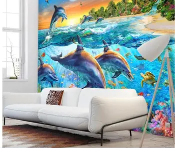 Personalizado mural de fotos em 3d papel de parede Azul oceano, nadar golfinhos de decoração de quarto de imagem de pintura 3d murais de parede papel de parede para parede 3 d