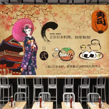 Cartoon Desenhado A Mão Kimono Feminino Da Flor De Cerejeira Papéis De Parede Industrial Decoração Do Restaurante Japonês De Fundo Mural De Papel De Parede
