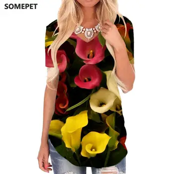 SOMEPET Bela T-shirt das mulheres Flores Camisetas Impresso Folha de V-pescoço Camiseta Fábrica de camisetas divertidas Roupas de Mulheres do Hip hop Solto