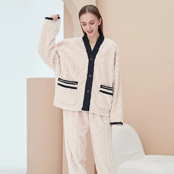 Inverno, Pijamas Mulheres de Coral do Fleece Loungewear Pijama de Flanela Conjunto 2 Peças Casaquinho de Casais Homewear Confortável e Elegante