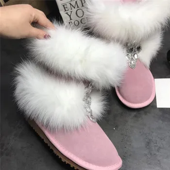 Mulher nova Big Bling Strass Embelezado Fox Fur Botas de Neve Menina de Inverno, cor-de-Rosa Televisão Quente Luxuoso Cristal Brilhante Tornozelo Botas Sapatos