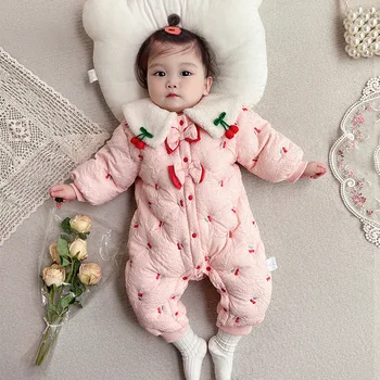 2022 Bebê macacão engrossar quente bordado cereja padrão de bebê bonito meninas macaquinho