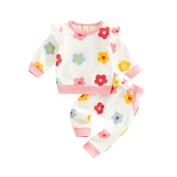 Outono, Primavera do bebê roupa de menina de Flor de Impressão de Renda de Manga comprida T-Shirt Casual Calças Conjunto para Crianças Roupas de Menina 0-24 Meses