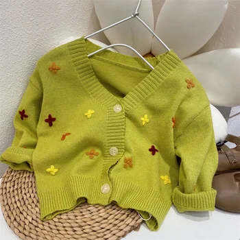 O bebê Meninas Camisola 2022 Nova Chegada Suéter de Meninas Conjunto coreano Malha Crianças Camisola Casaquinho de Pequena Flor Bebê Jaqueta