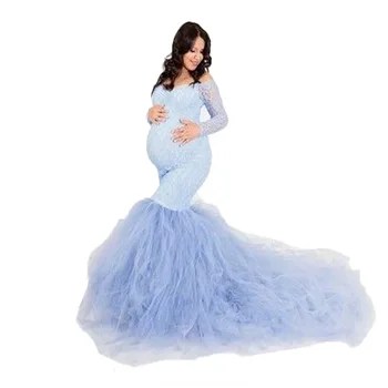 Maternidade Lace Vestido Maxi Vestido Das Mulheres Grávidas Roupas Fotografia Gravidez Vestido Da Foto De Manga Longa Atirar Chuveiro De Bebê Vestido