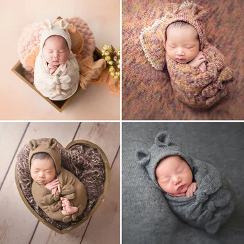 4PCS/5PCS Recém-nascido Conjuntos de Fotografia com Adereços Bebê Posando de Almofadas Chapéu de Gorro Envolve Fundo Cobertor de Fotos de Estúdio Acessórios